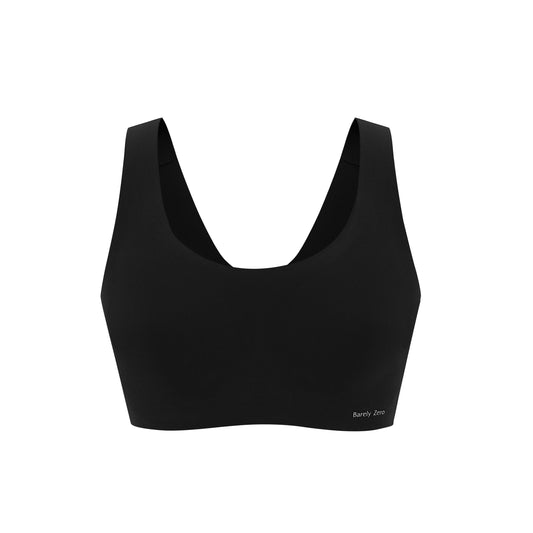 a flay lay image of a black Barely Zero Classic Bra, which is a pull-over style with thick stripes.