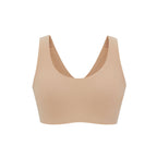 Flat lay image of nude colored bra with thick straps