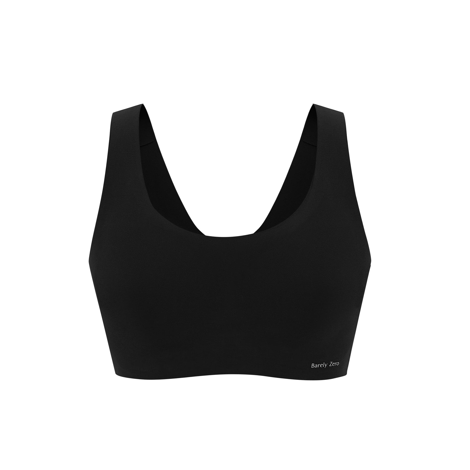 Flat lay image of black bra with thick straps