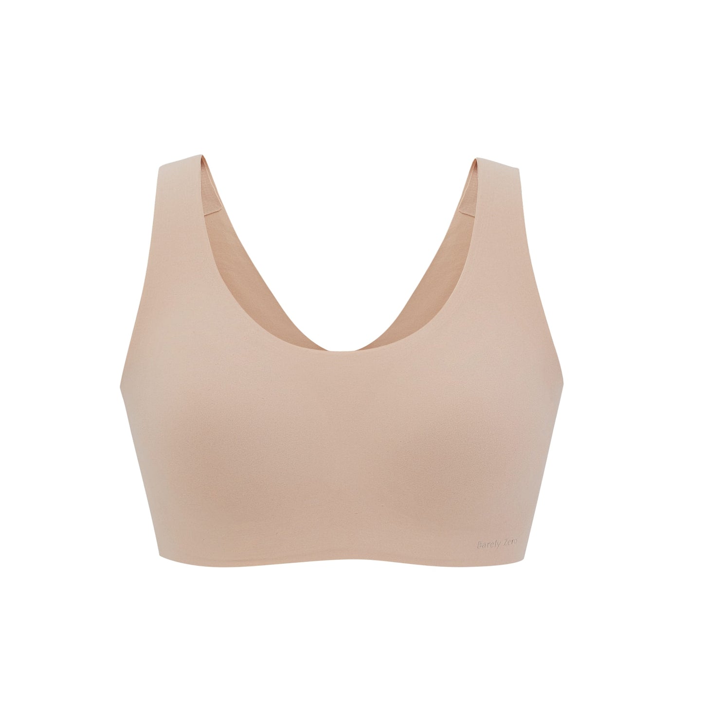 Flat lay image of nude colored bra with thick straps