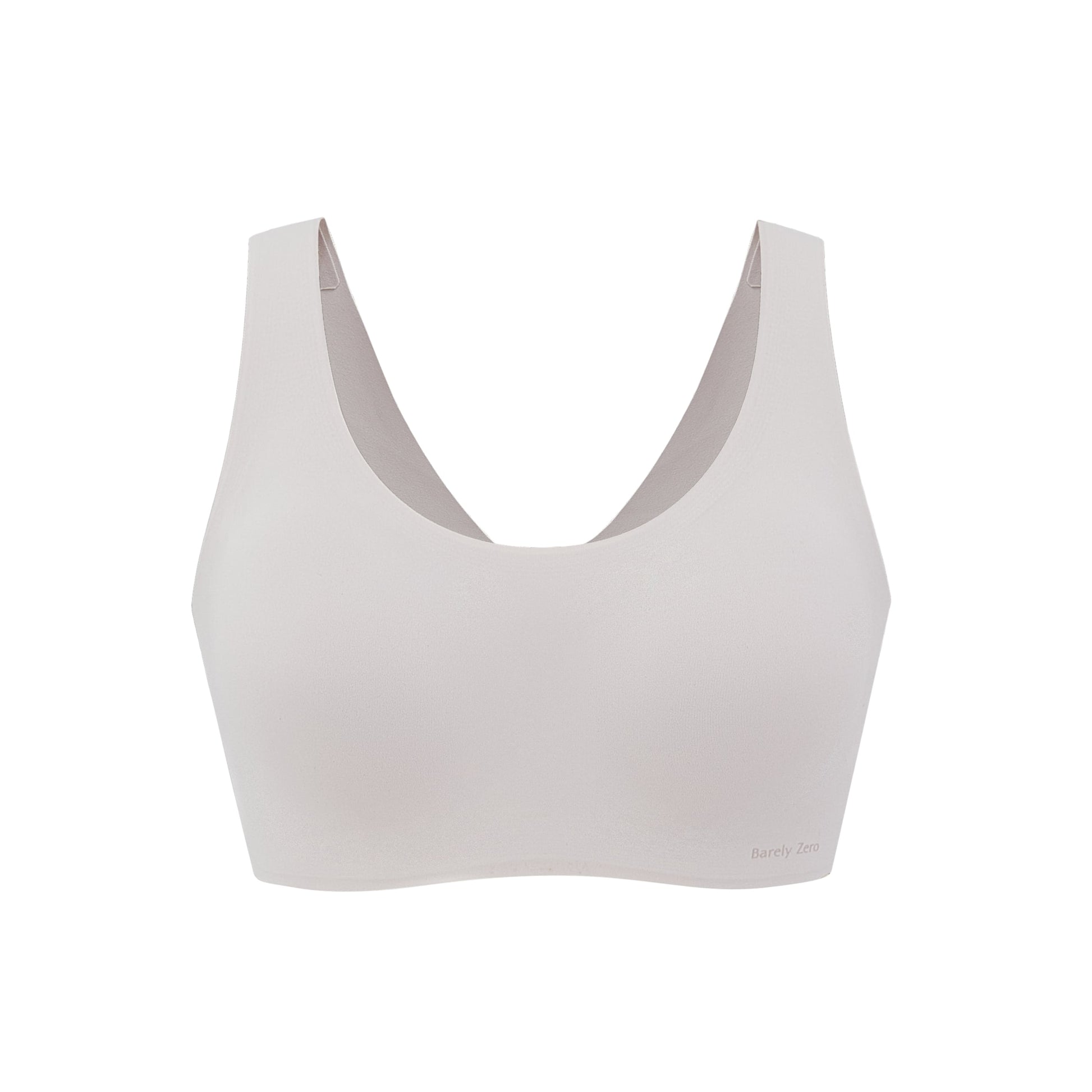 a flay lay image of a light grey Barely Zero Classic Bra, which is a pull-over style with thick stripes.
