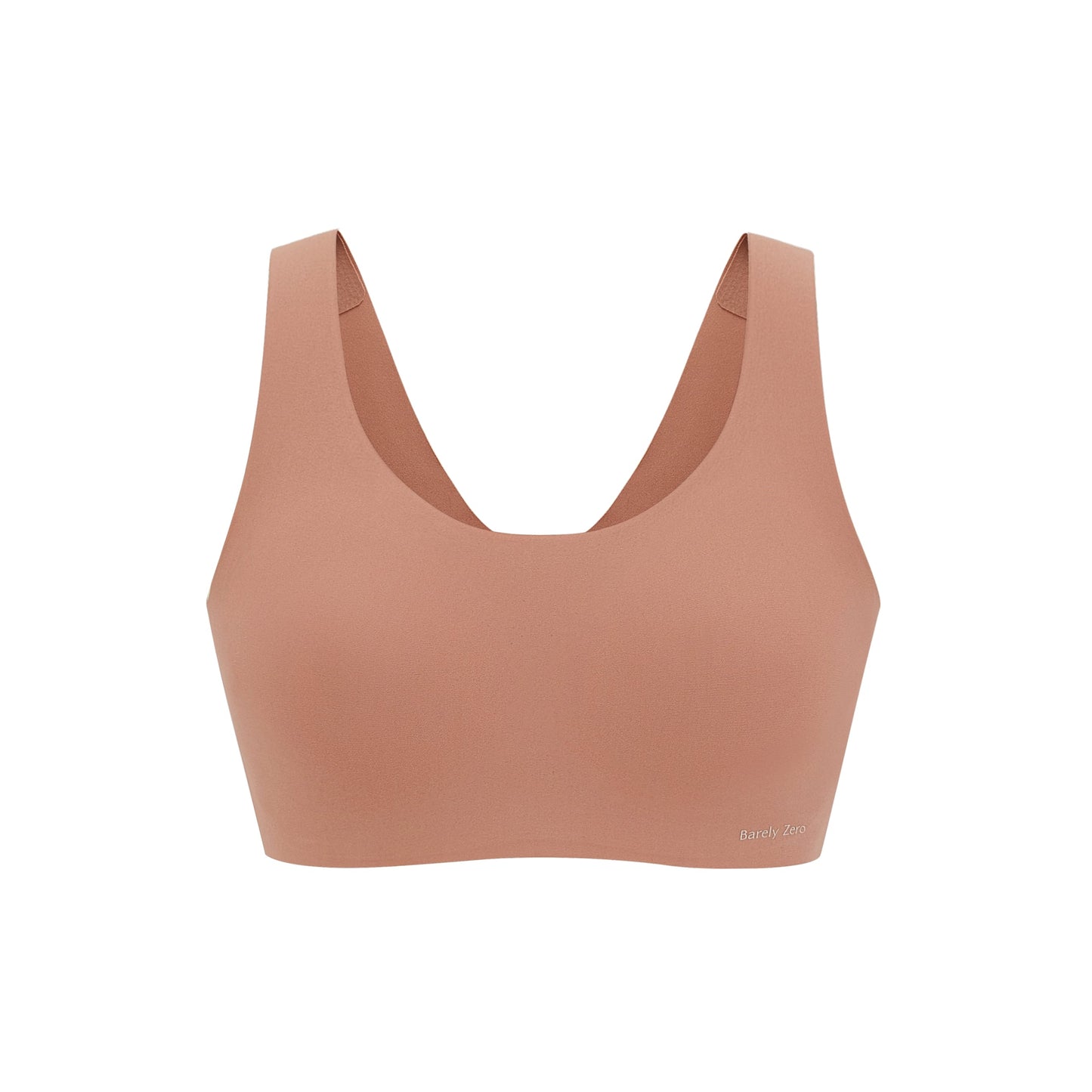 Flat lay image of rust-colored bra with thick straps