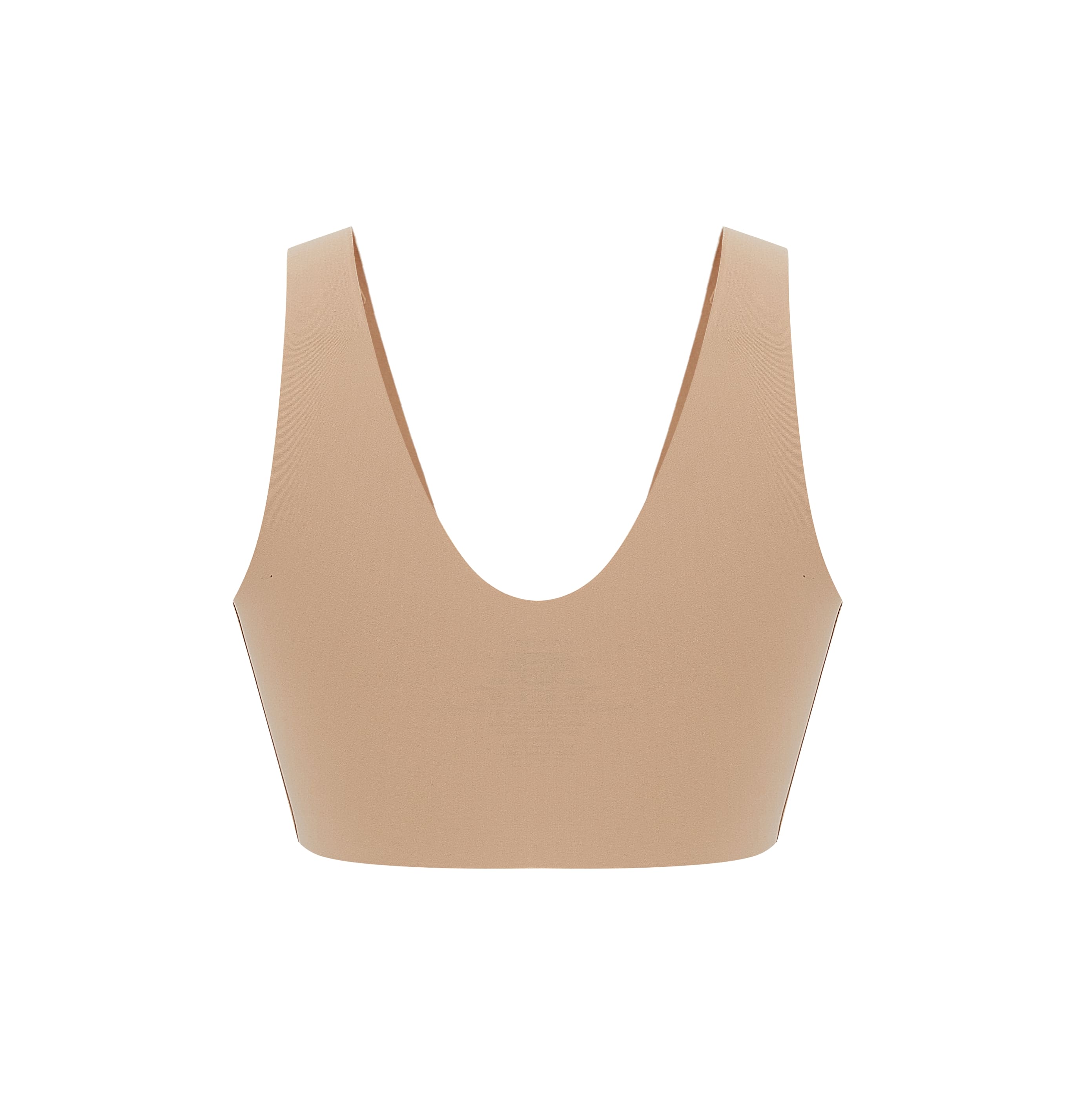 Flat lay image of back view of nude bra with thick straps
