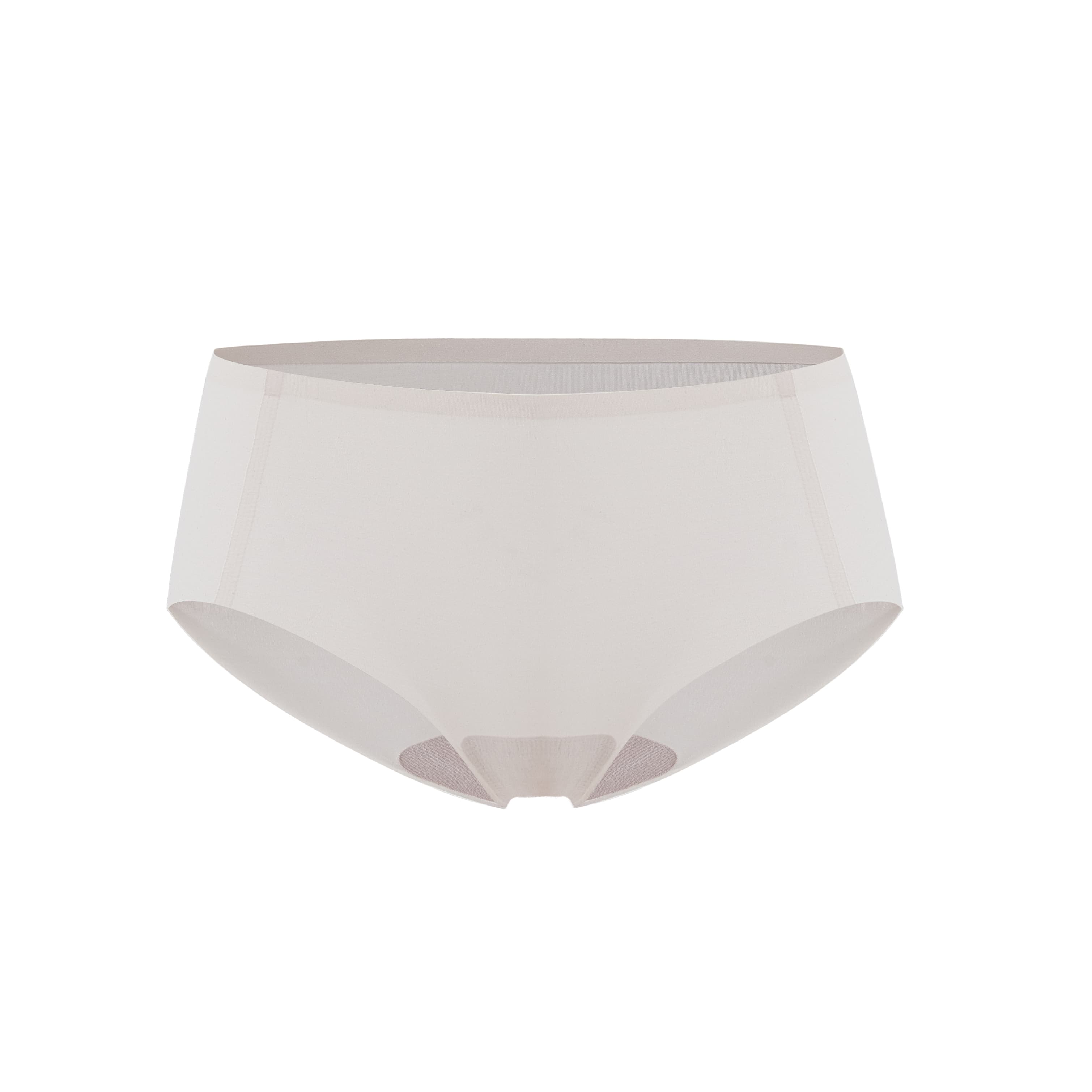 Flat lay image of off white underwear. Fluffy Peach color.