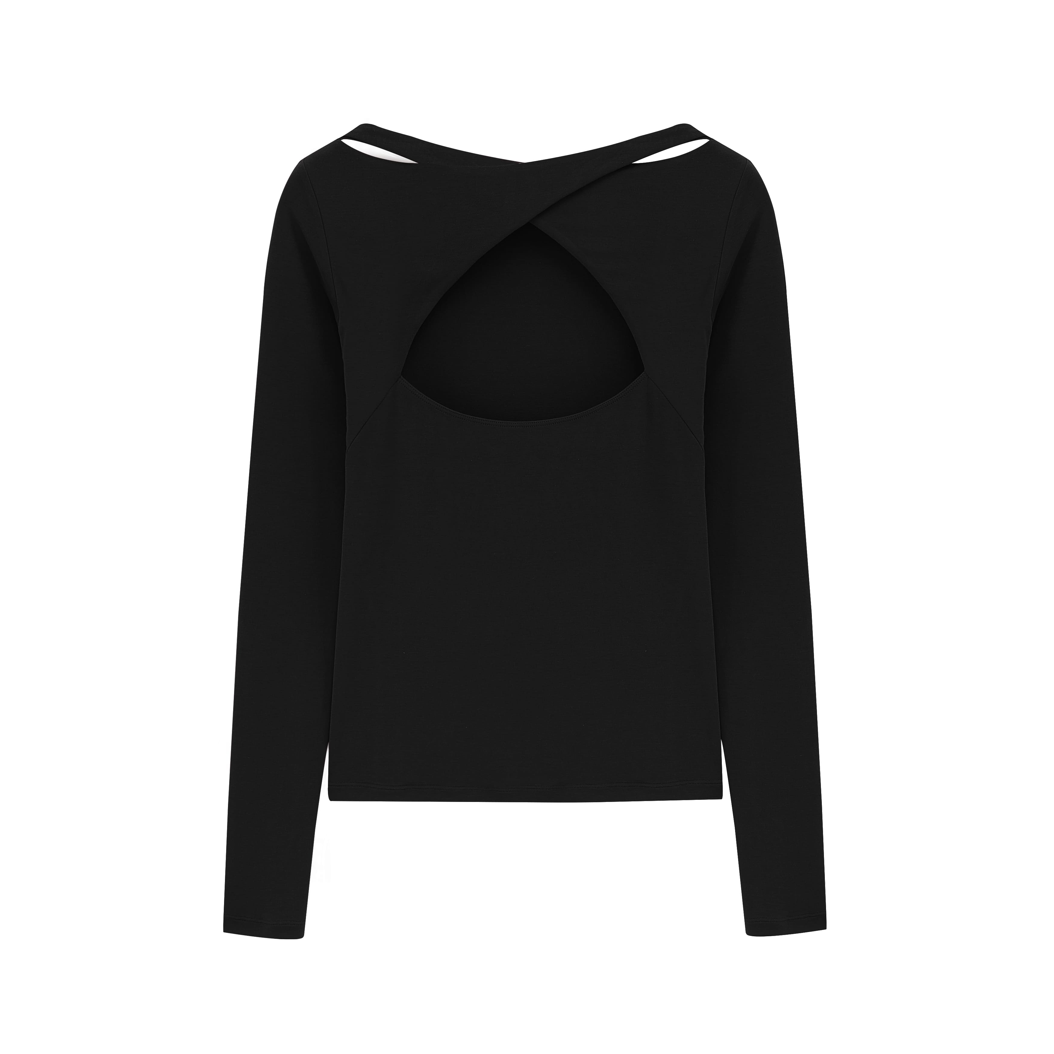 Flat lay of black long sleeve top from back