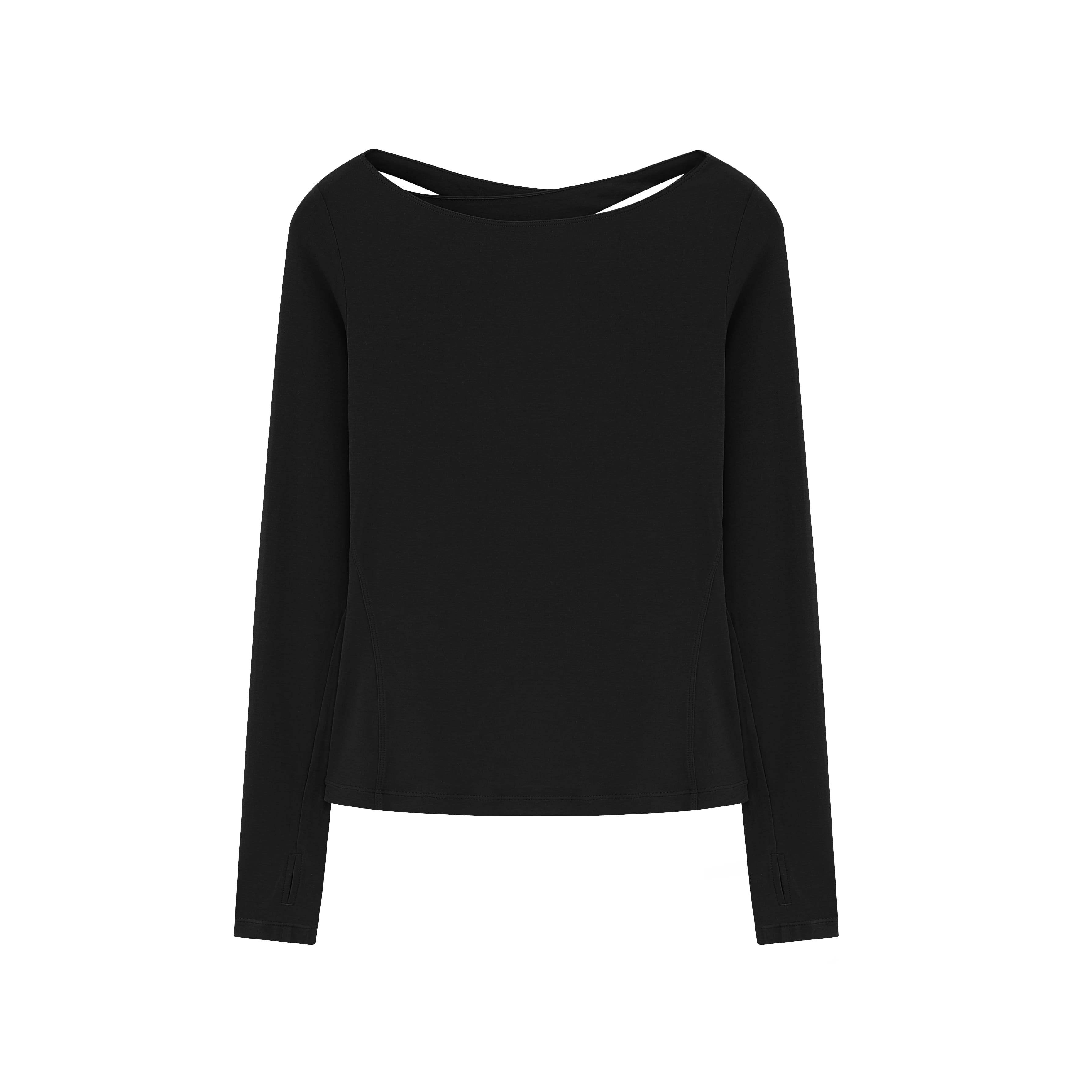 Flat lay of black long sleeve top