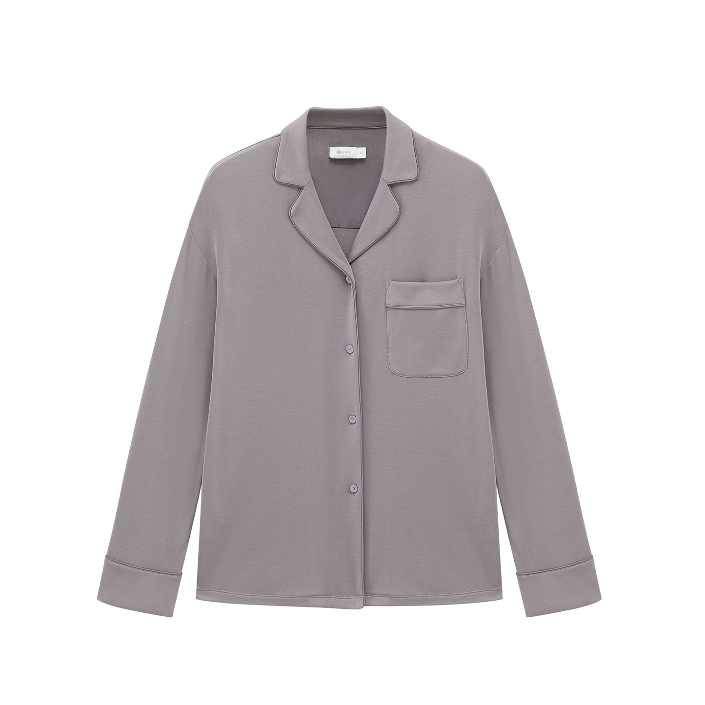 Flat lay image of light purple button up pajama shirt with pocket