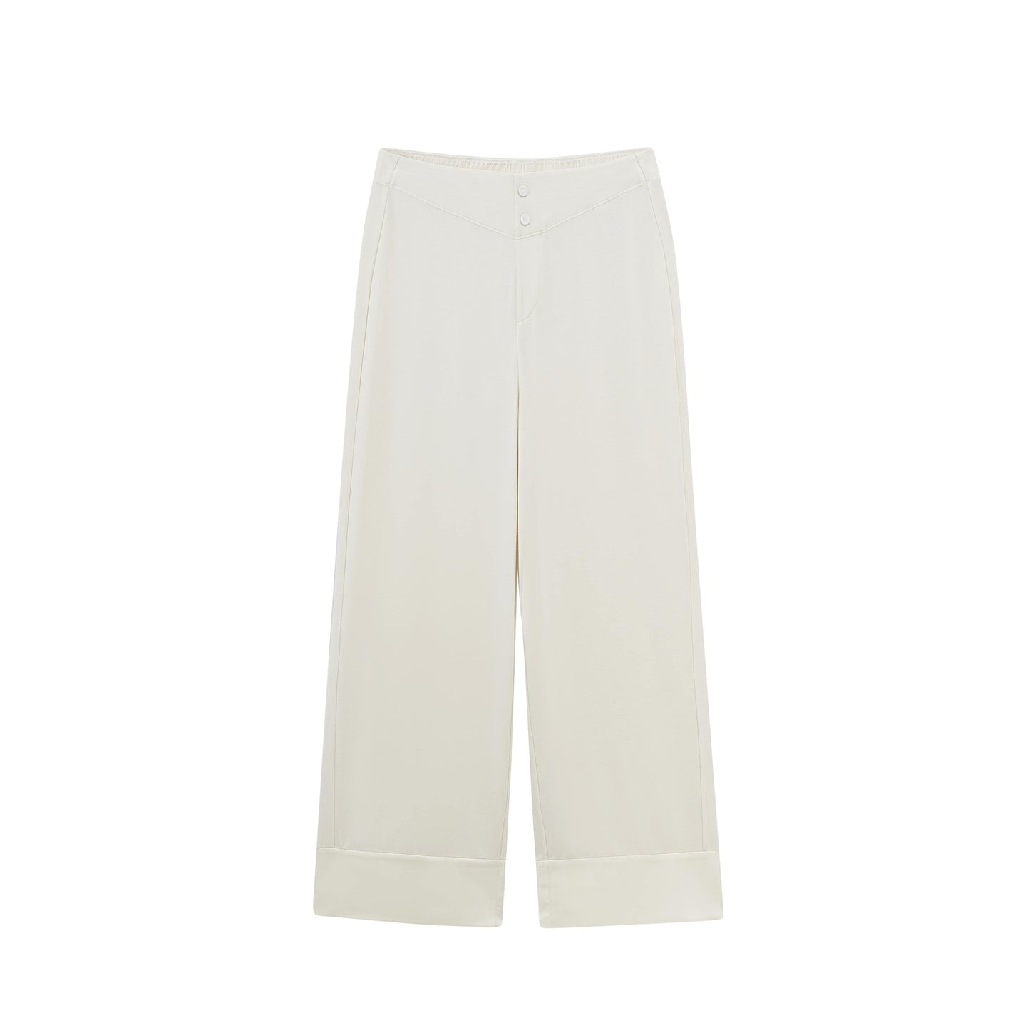 Flat lay image of off-white pajama pant with two decorative buttons at waist band