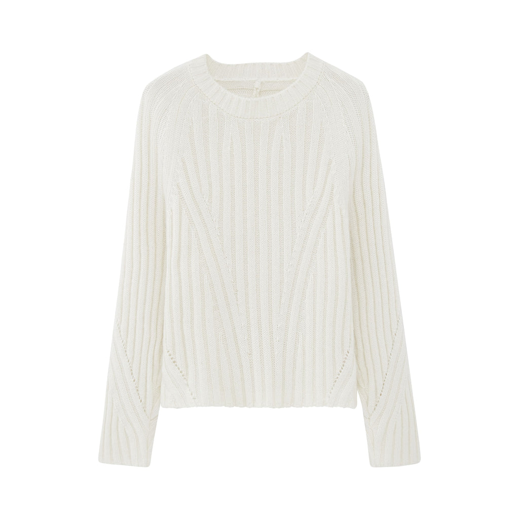 flat lay of white ribbed sweater