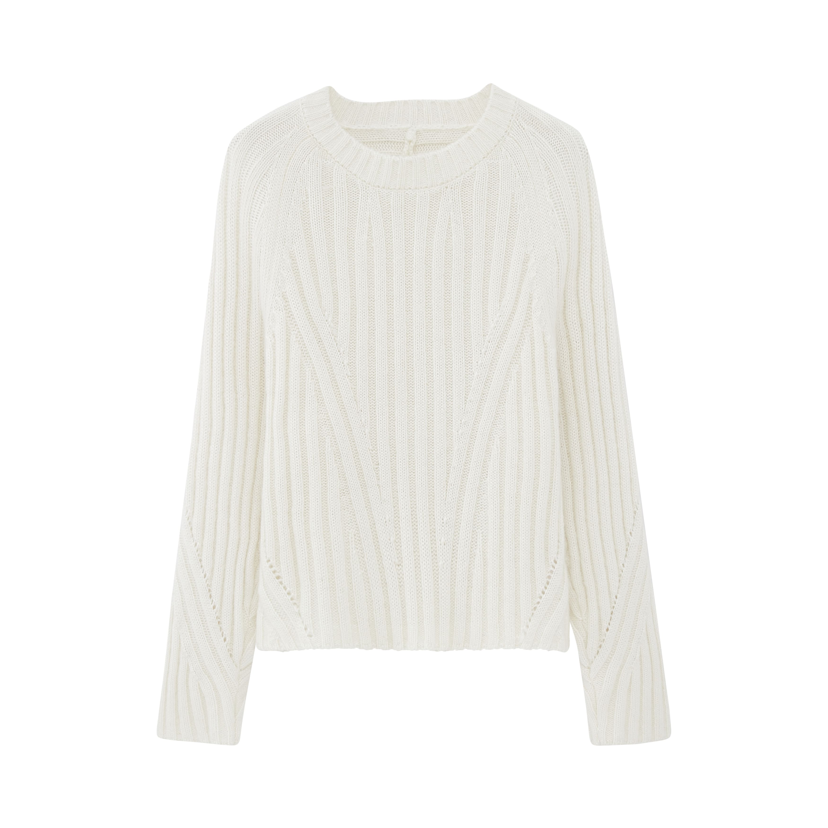 flat lay of white ribbed sweater