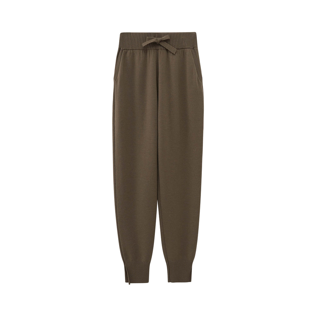 flat lay of knitted brown joggers