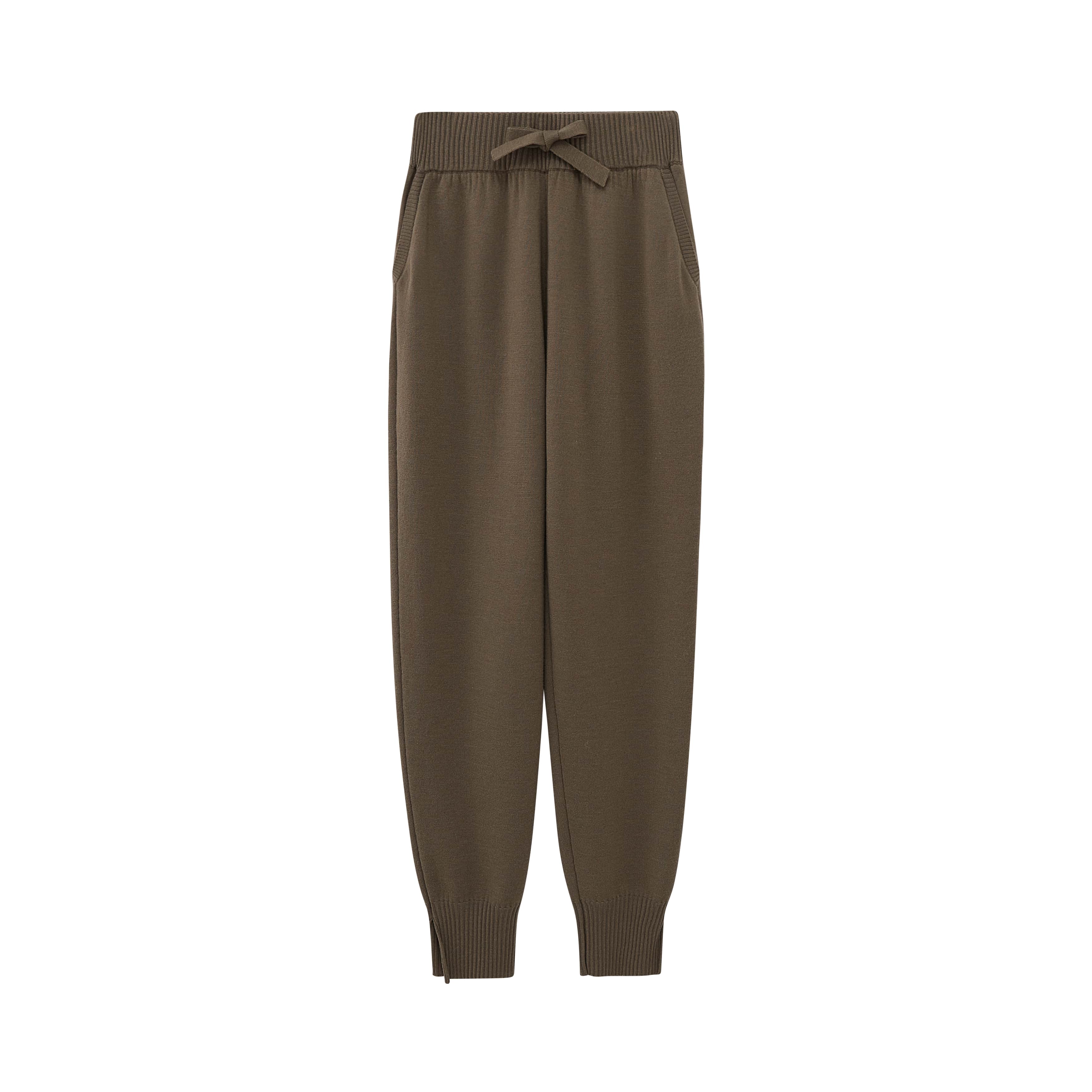flat lay of knitted brown joggers