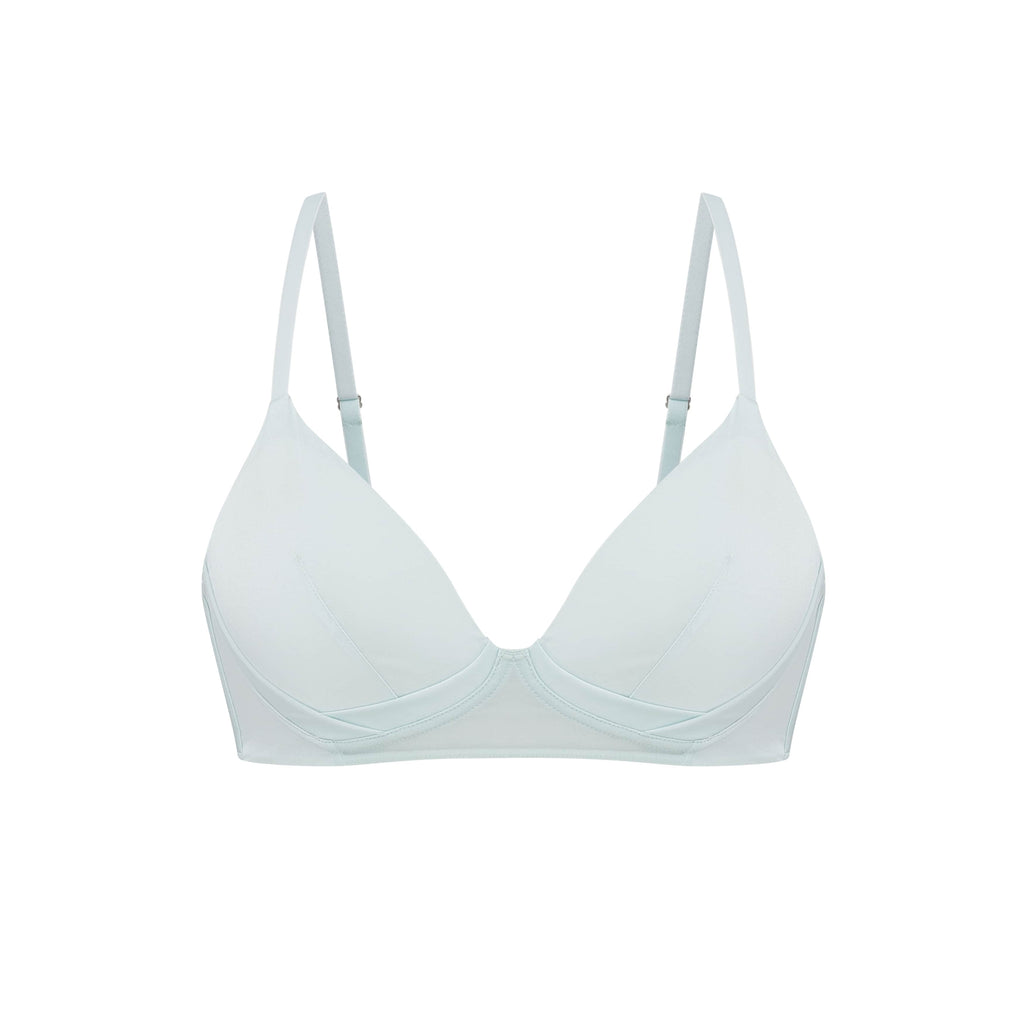 Flat lay of light blue silk bra