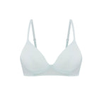 Flat lay of light blue silk bra