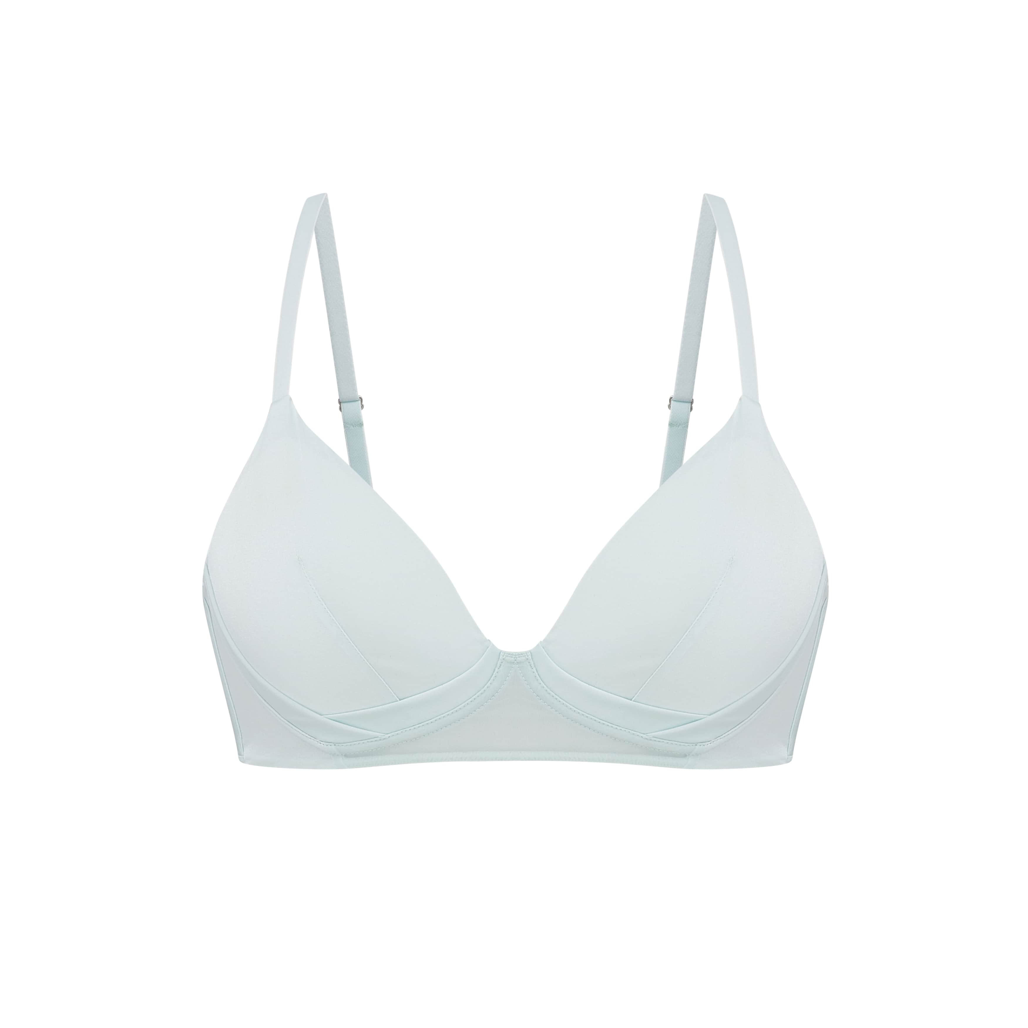 Flat lay of light blue silk bra