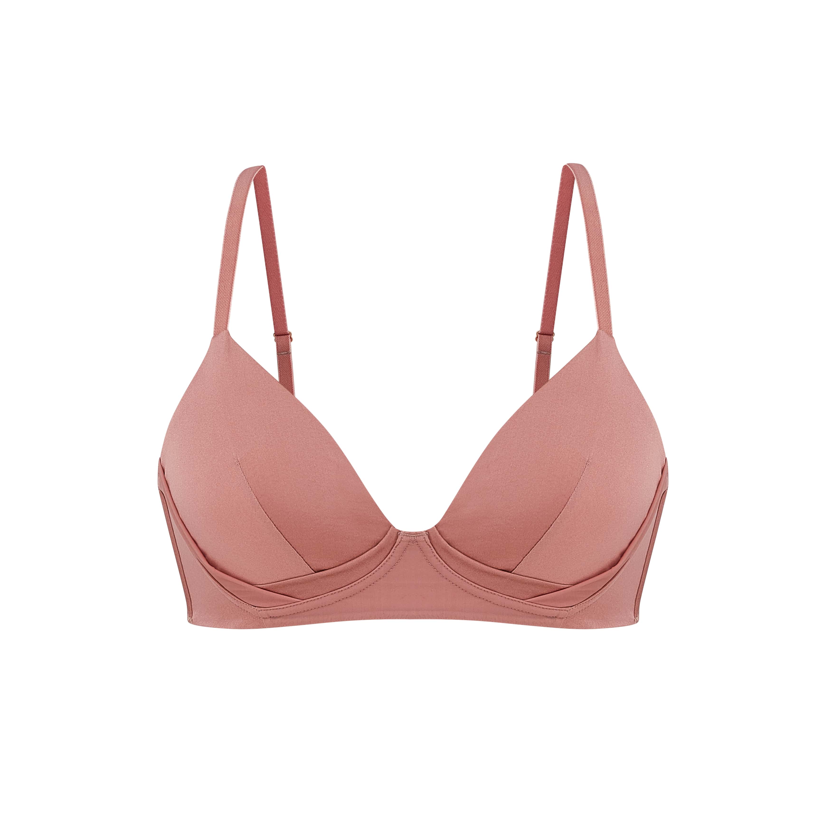 Flat lay of pink silk bra
