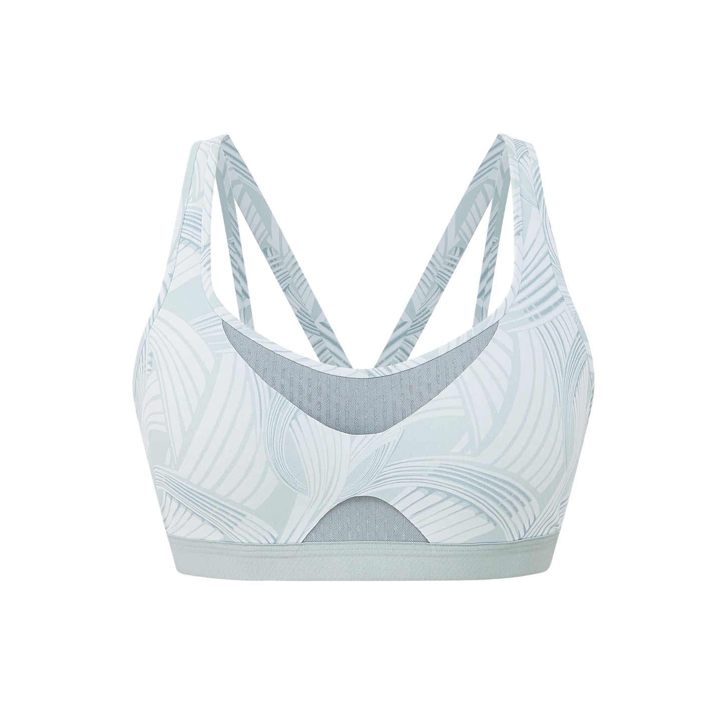 Flat lay of aqua print sports bra with mesh inlay