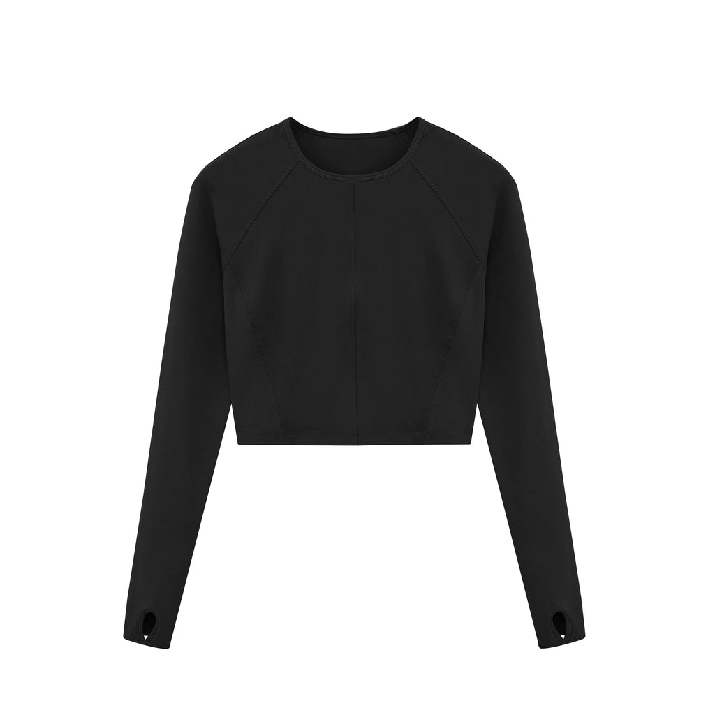 Flat lay of dark gray cropped top.