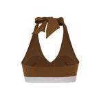 an olive green sports bra from back