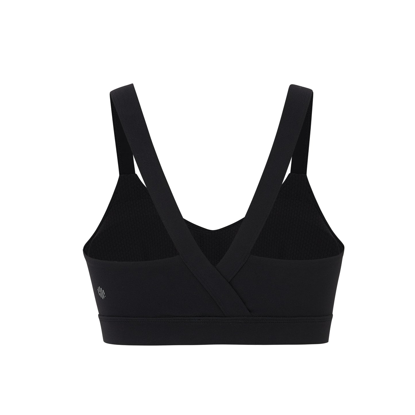 flat lay image of black sports bra from back