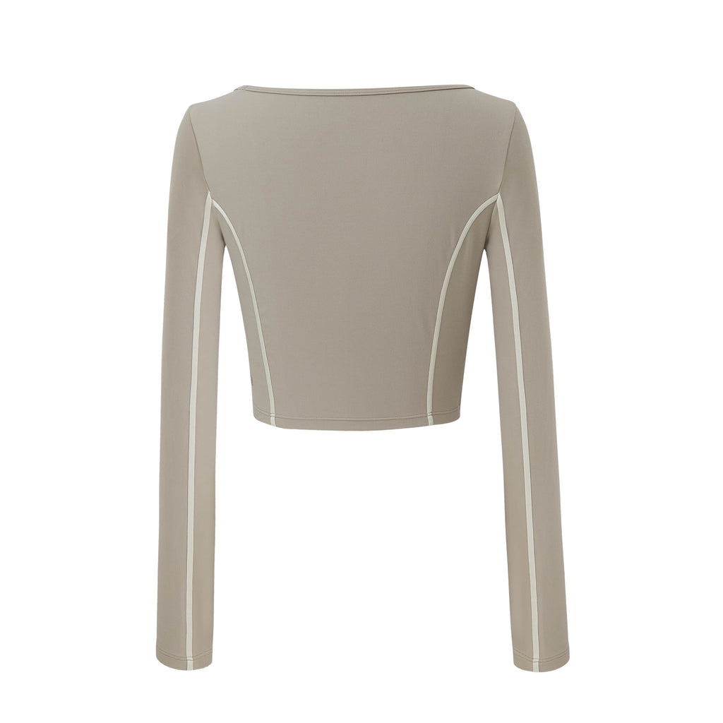back of the grey U-Neck Long Sleeve Top