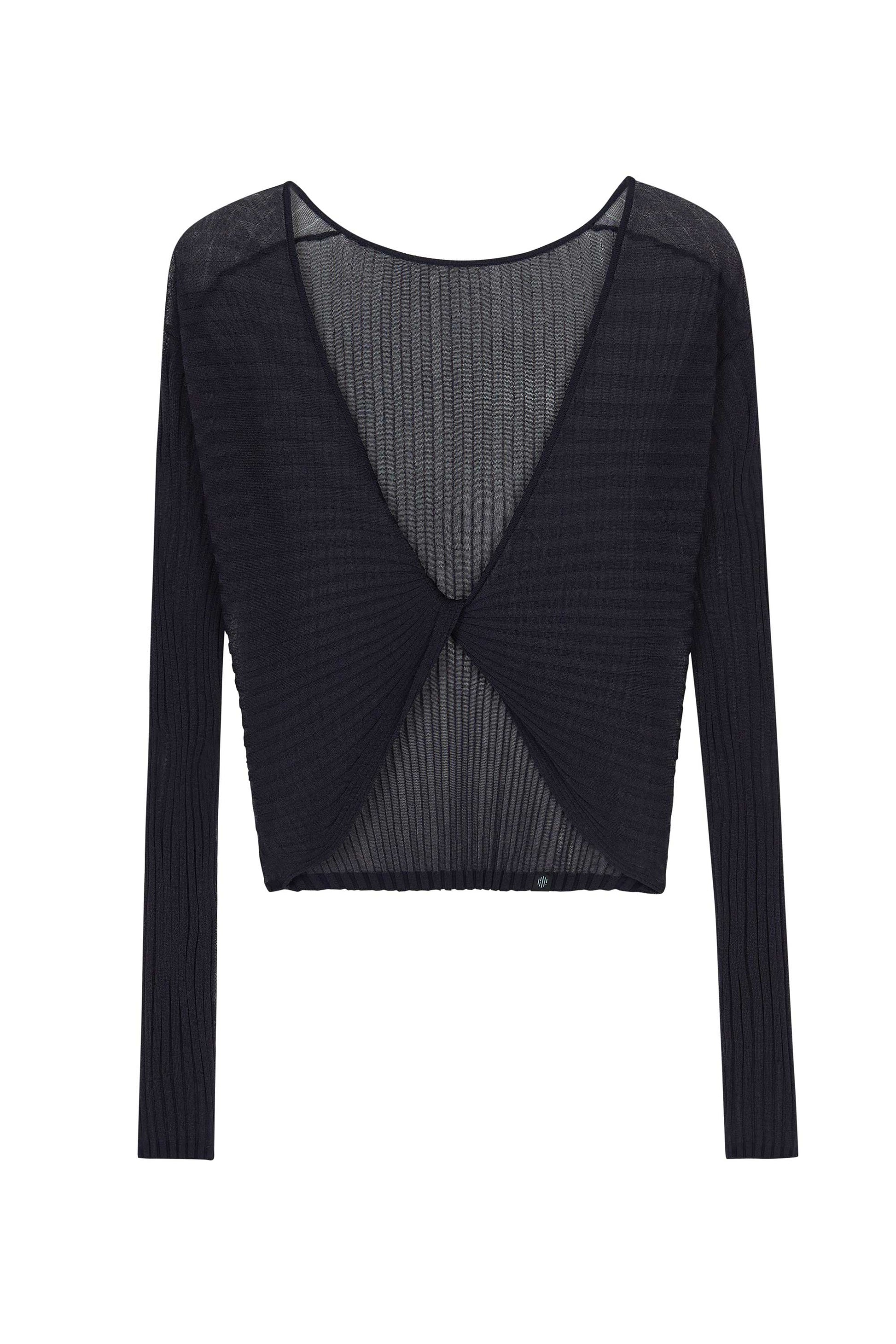 Flat Lay image of a navy knit top with front knot