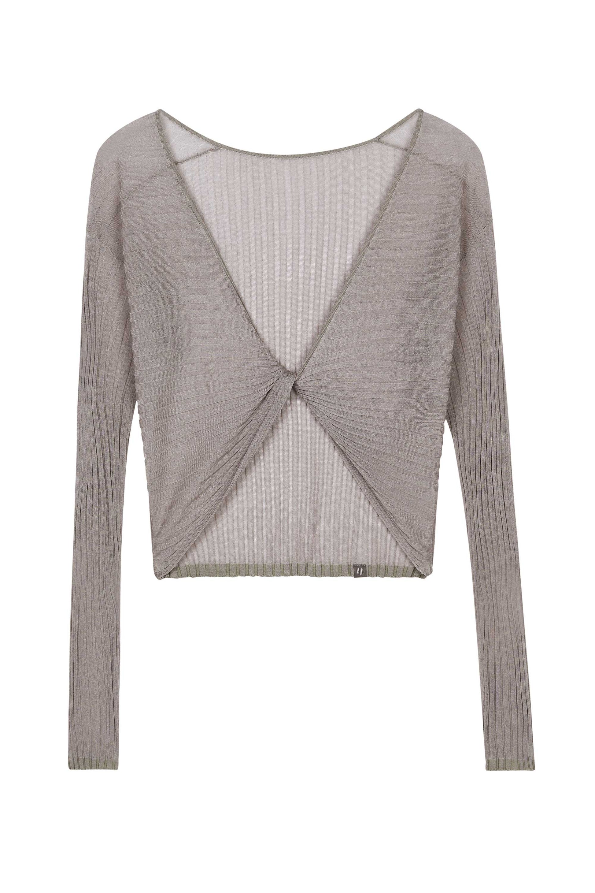 Flat Lay image of a mauve color knit top with front knot