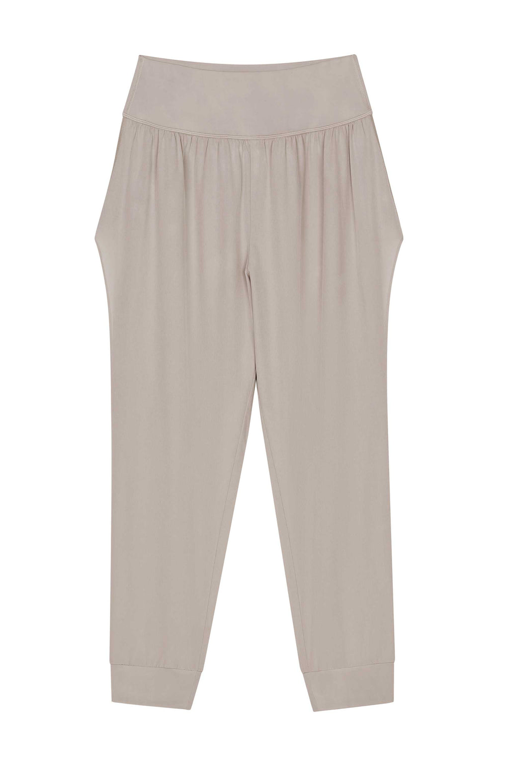 The flat lay image of a pair of light grey tapered joggers