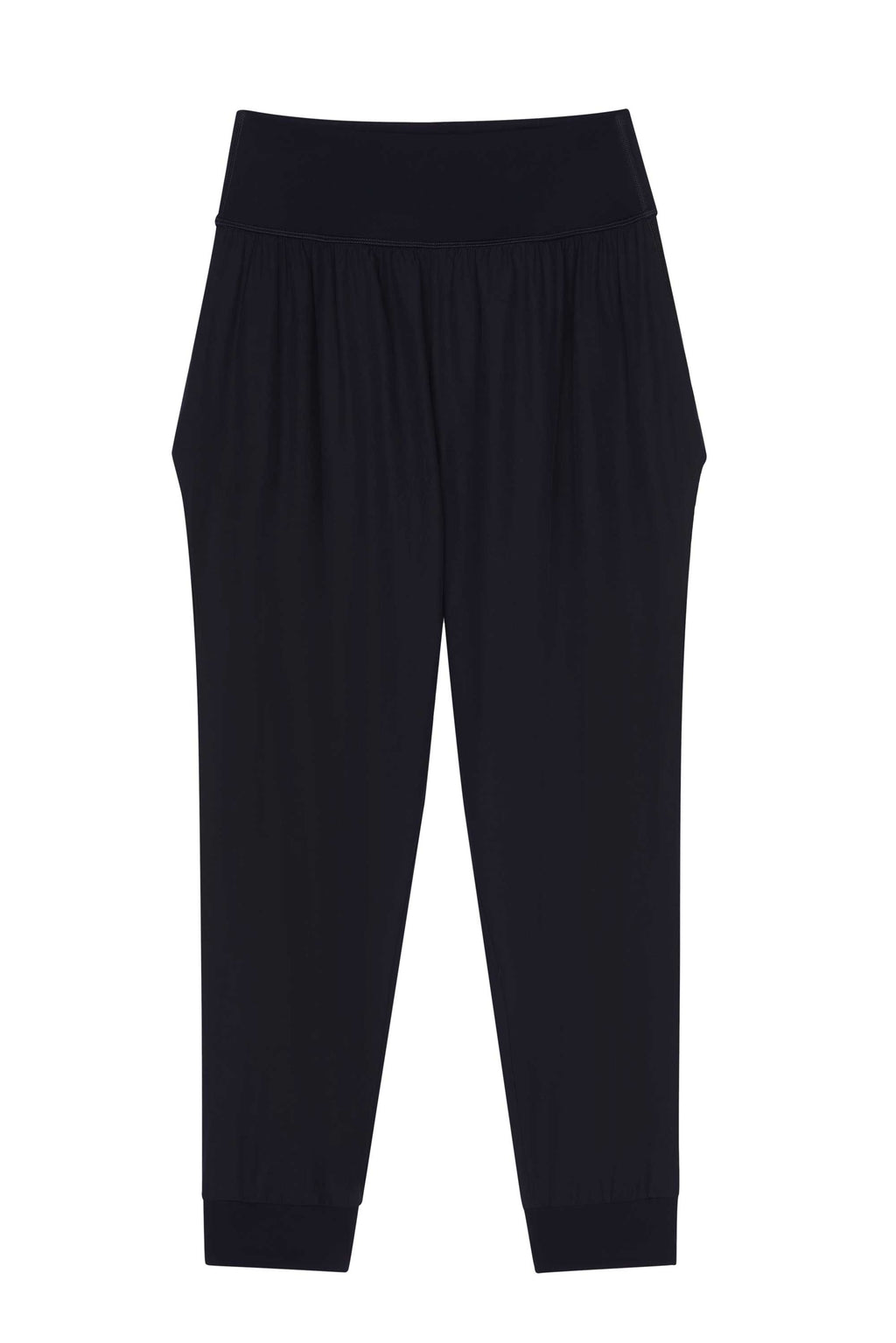 The flat lay image of a pair of black tapered joggers