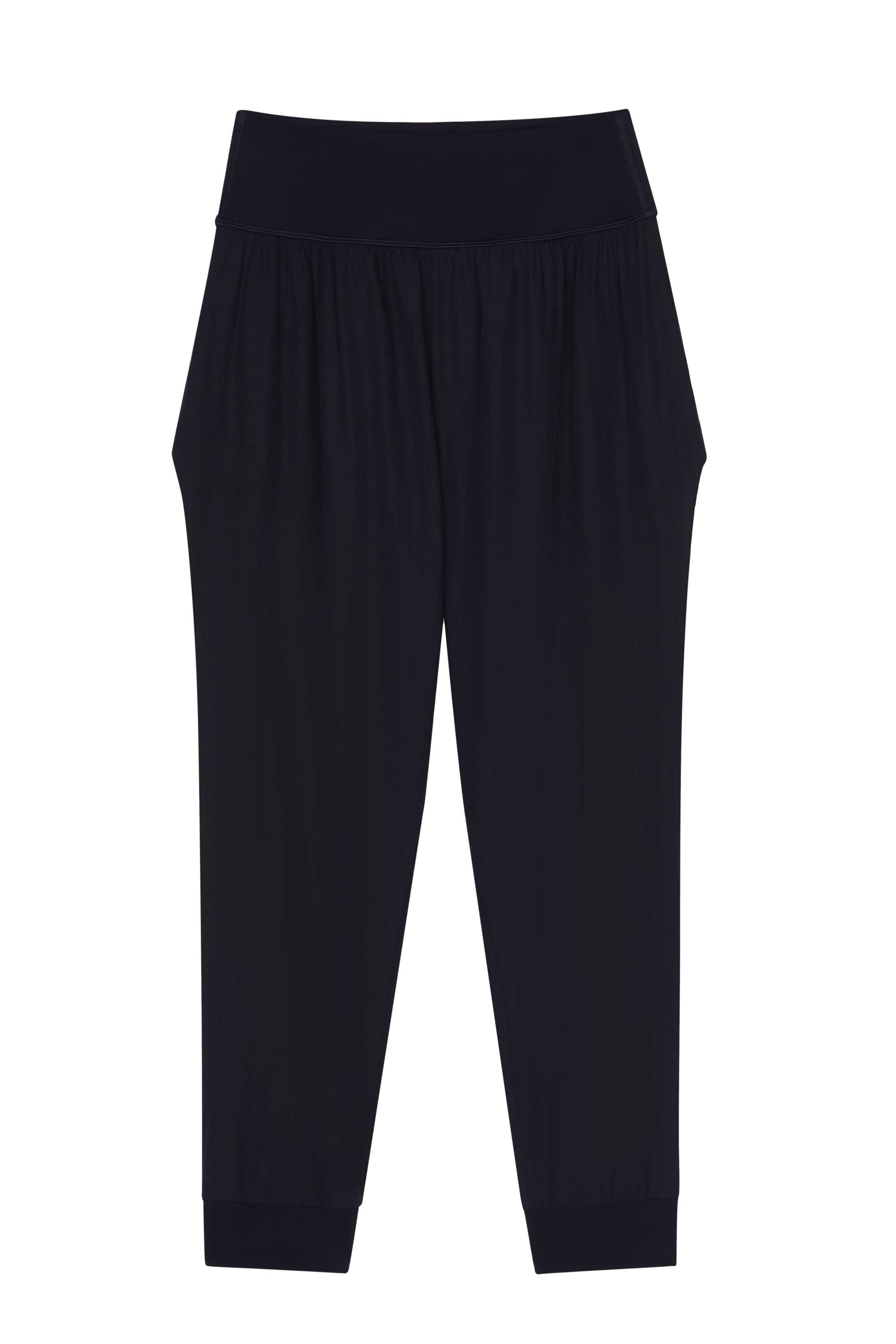 The flat lay image of a pair of black tapered joggers