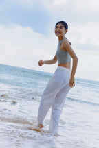 woman in blue pants