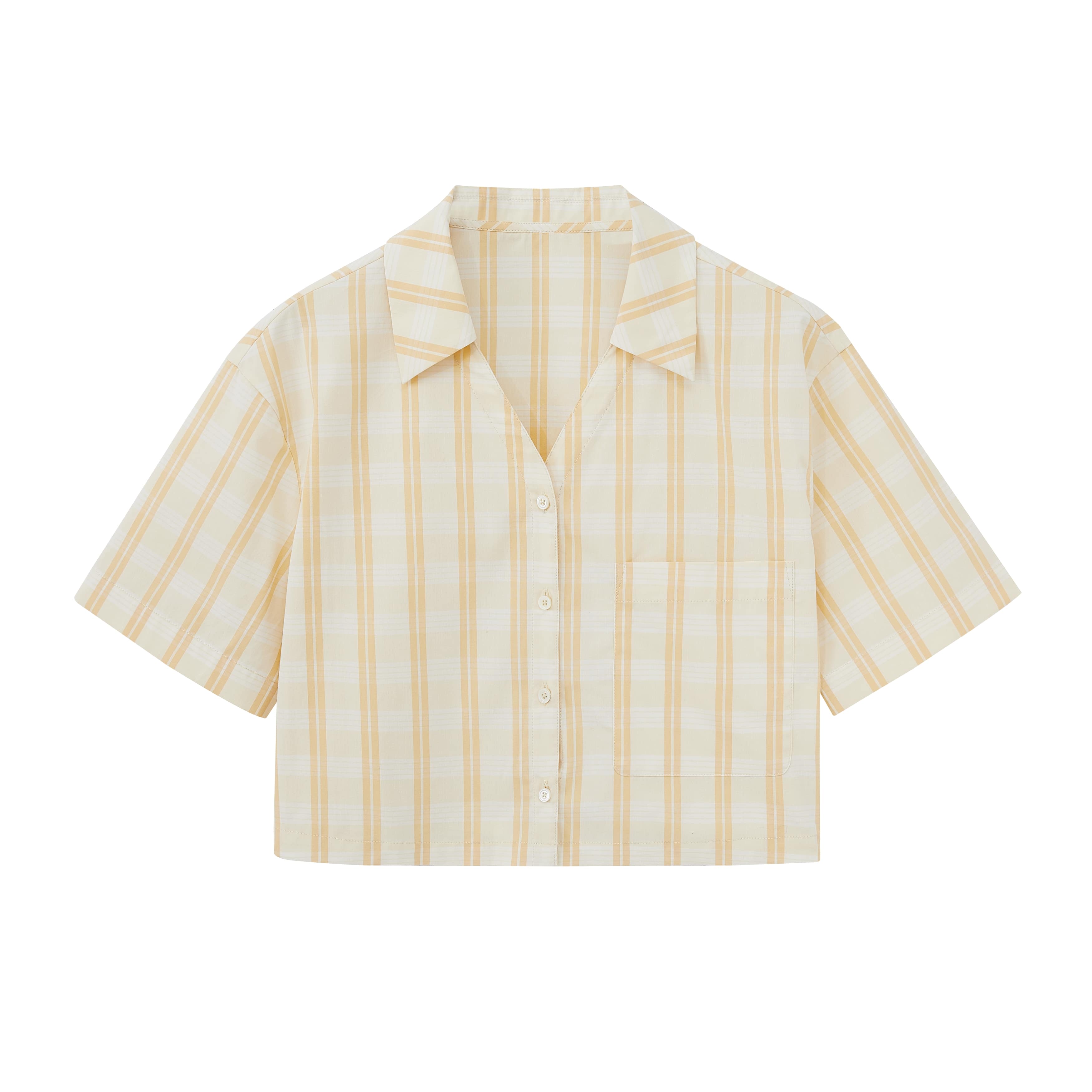 Flat lay of white and orange striped short sleeve button up pajama shirt