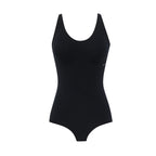 flat lay of a black bodysuit