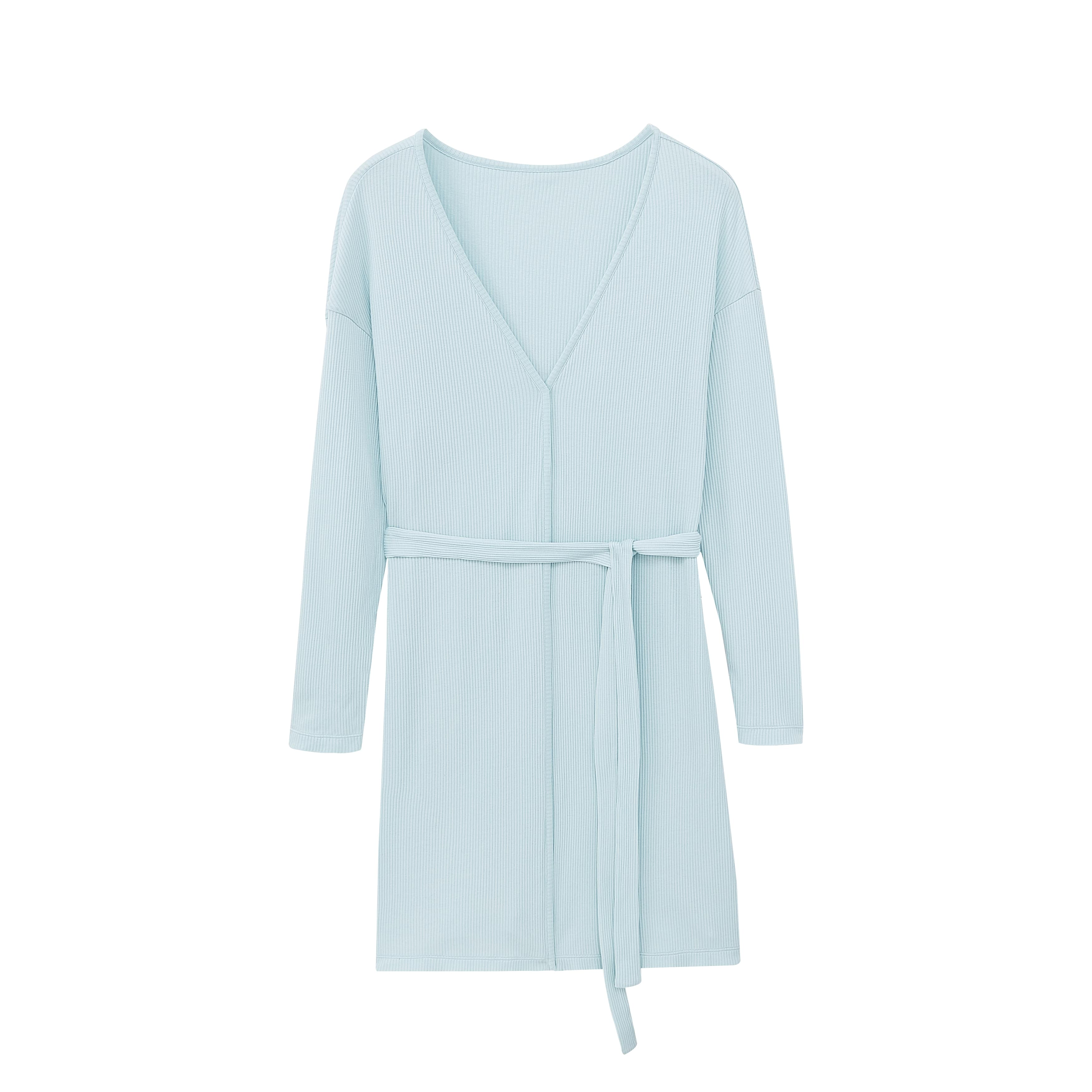 flat lay of pale blue ribbed cardigan