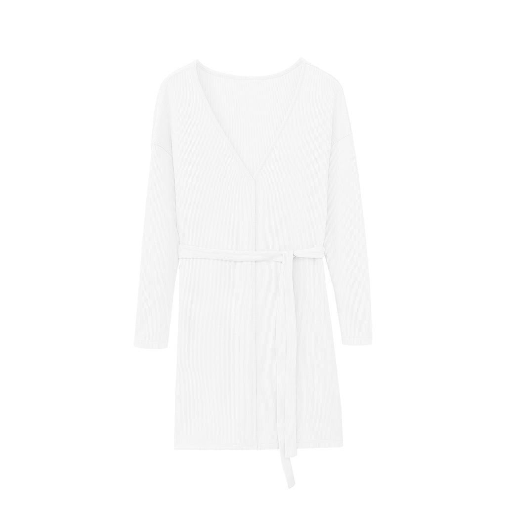 flat lay of white ribbed cardigan