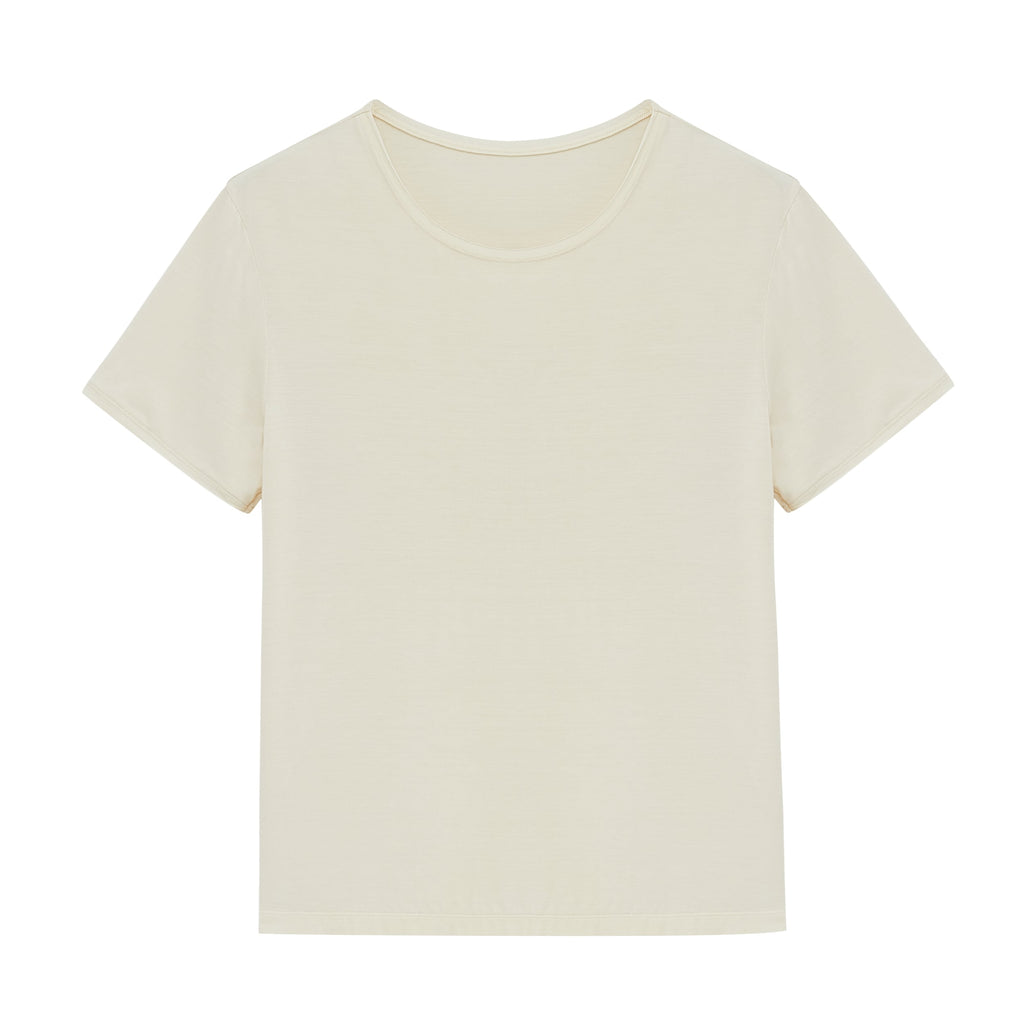 Flat lay of off-white short sleeve pajama shirt