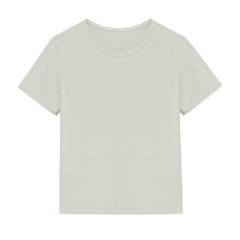 Flat lay of light gray short sleeve pajama shirt