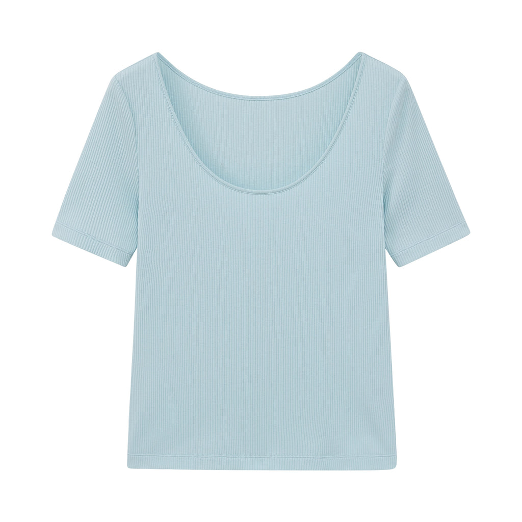 flat lay of the pale blue ribbed top
