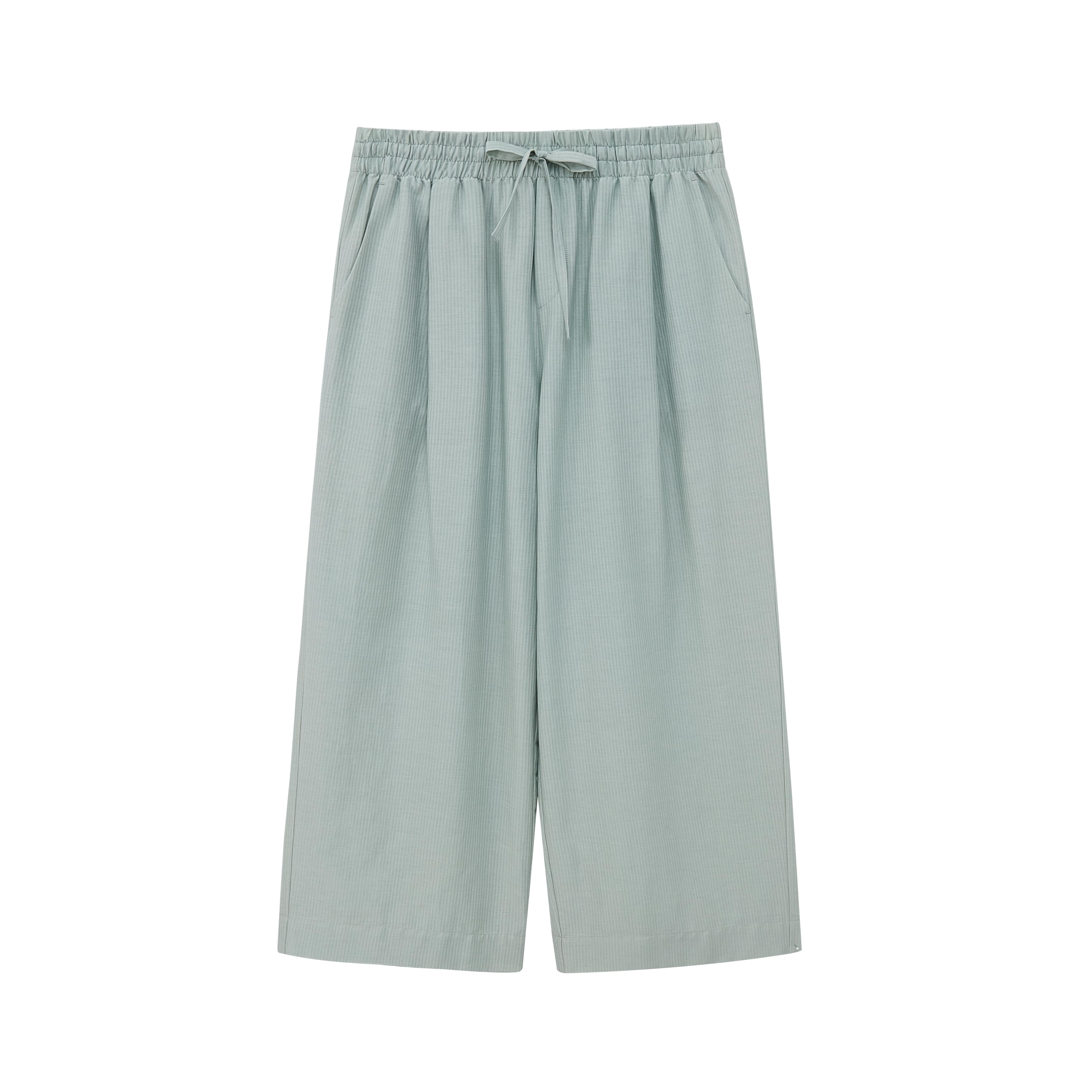 Flat lay of seafoam green cropped pajama pants