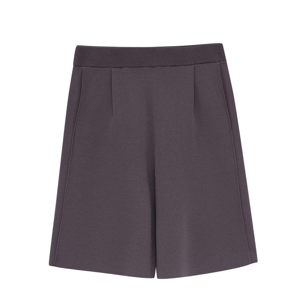 Flat lay of gray knit shorts.