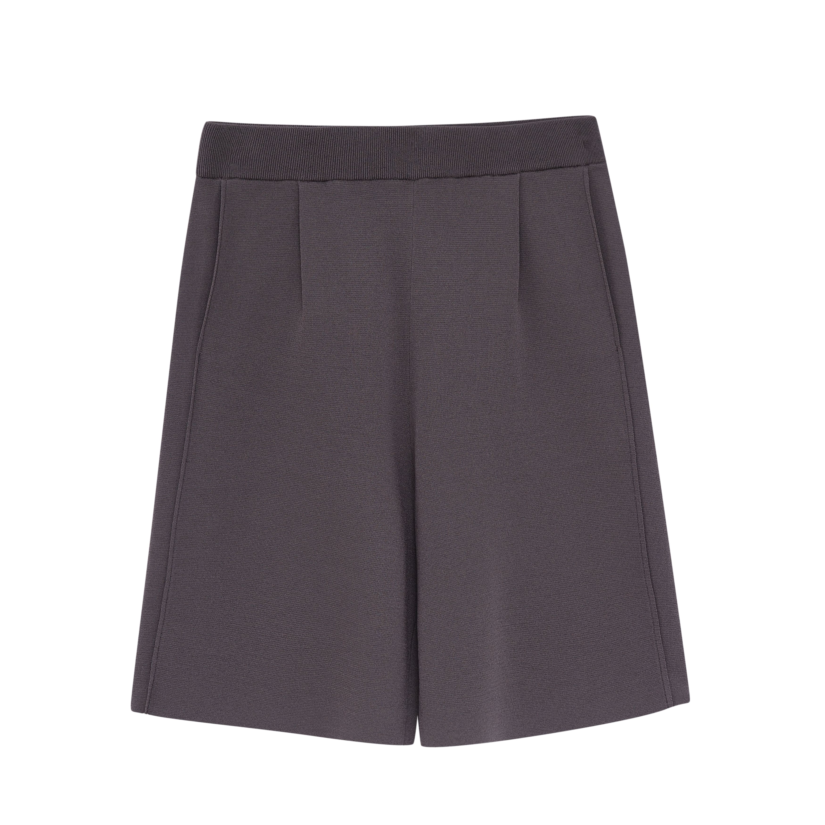 Flat lay of gray knit shorts.