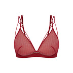 Flat lay of red lace bra.