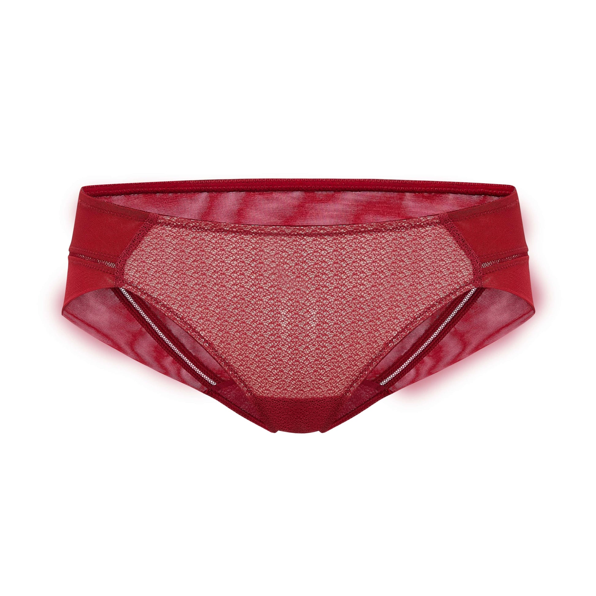 Flat lay of low waist red brief with lace.