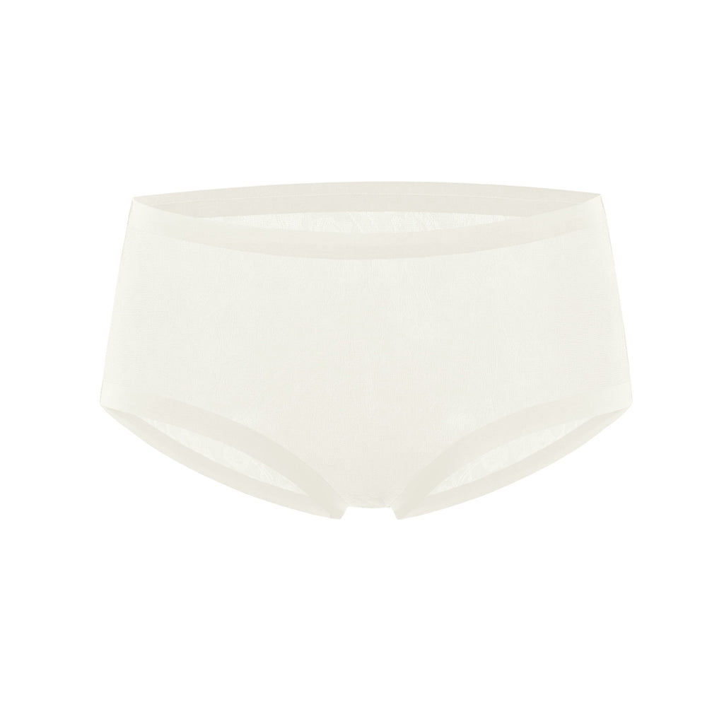 Flat lay of off-white lace briefs
