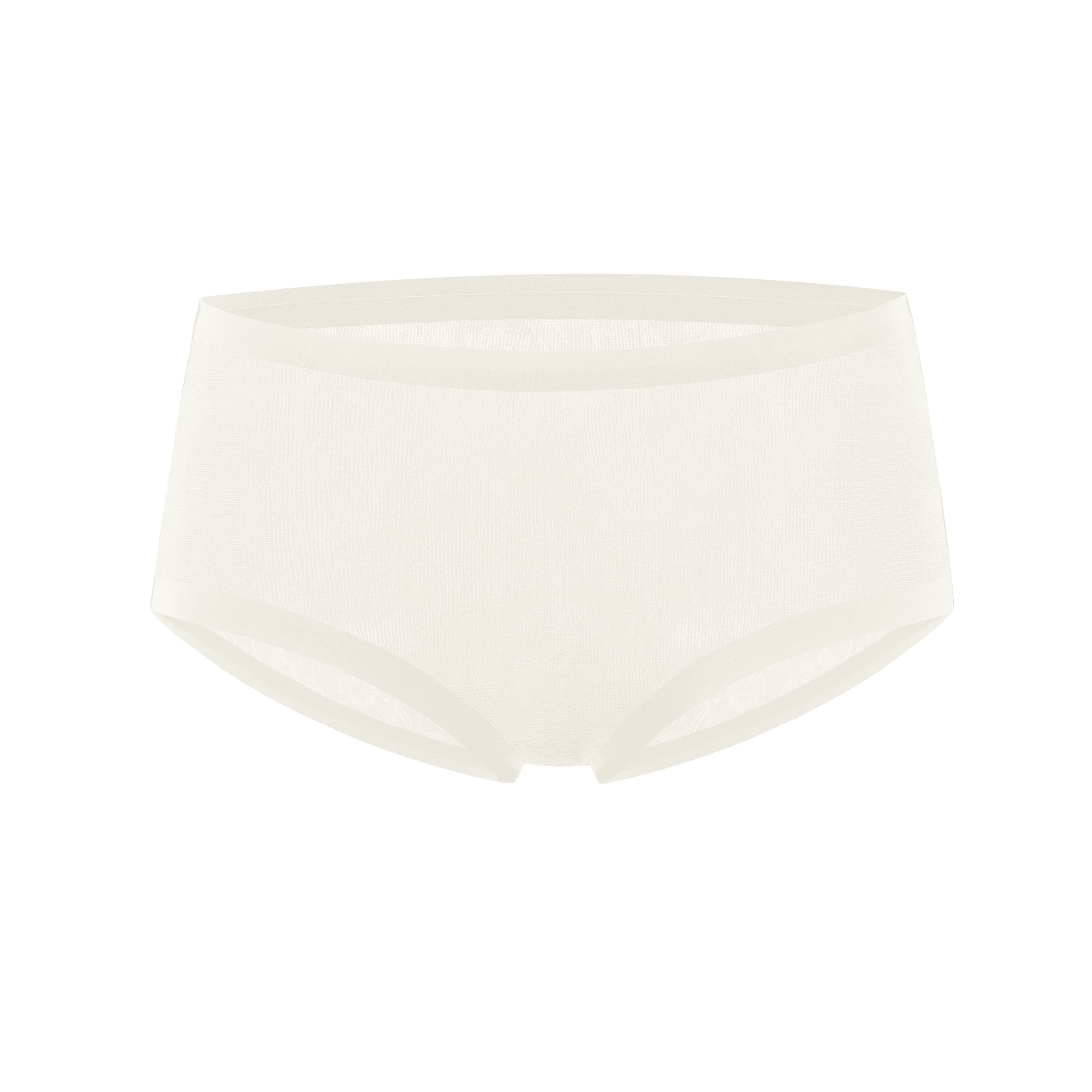 Flat lay of off-white lace briefs