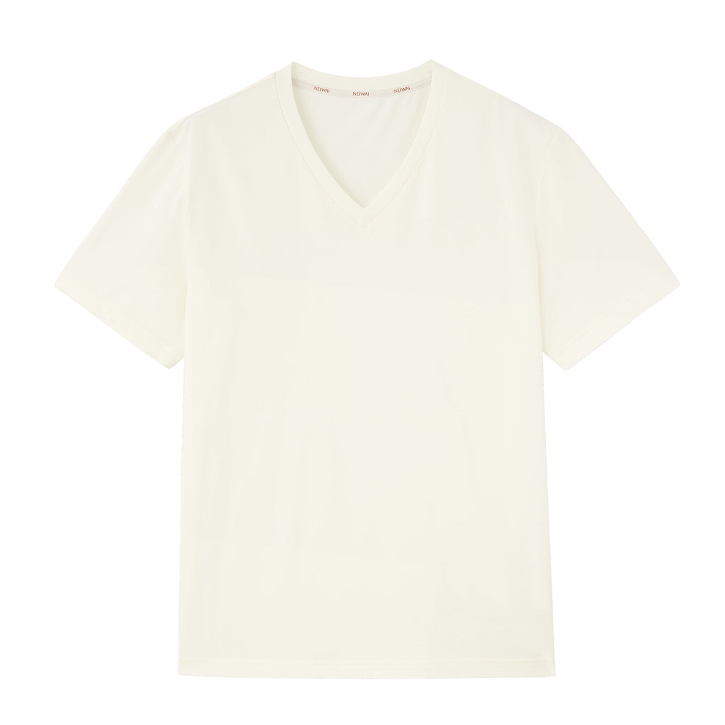 Flat lay of beige V-neck T-shirt. White color.