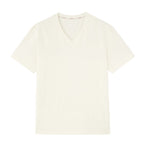 Flat lay of beige V-neck T-shirt. White color.