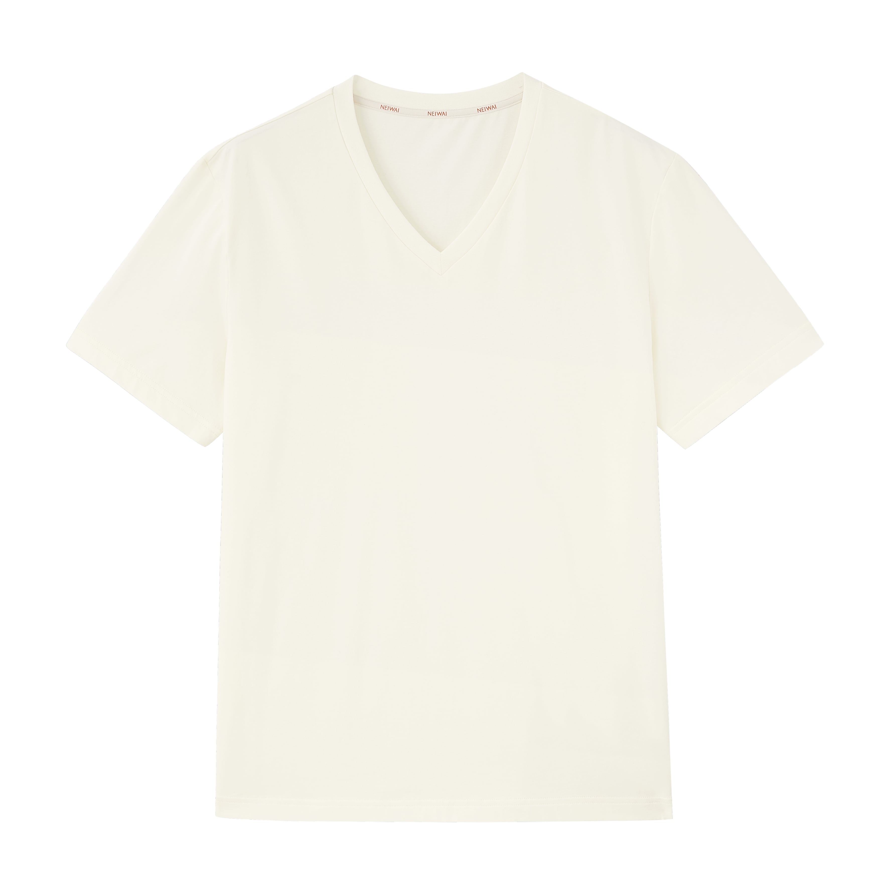 Flat lay of beige V-neck T-shirt. White color.