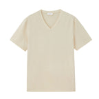 Flat lay of back of tan V-neck T-shirt. Almond color.