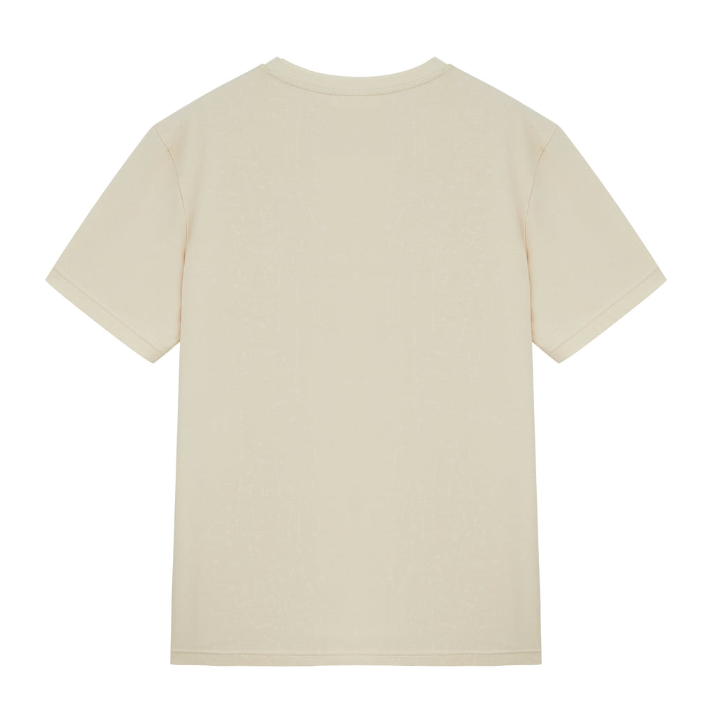 Flat lay of back of tan T-shirt. Almond color.